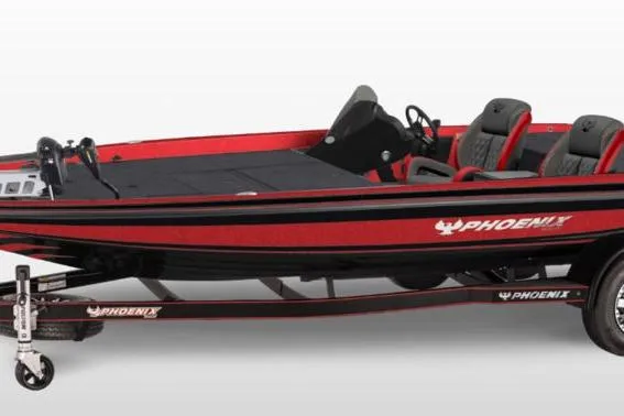 The Image of 2026 Phoenix 819 ZXL boat, red and black design, side view on trailer. - 1