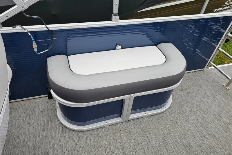 Slide: The Image of 2022 Sweetwater 2286 SFL boat seat with blue and gray upholstery. - 11