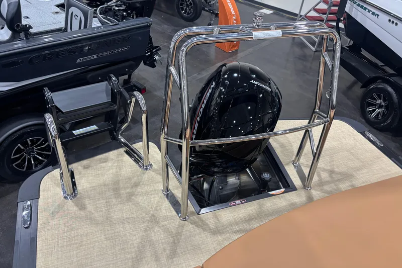 Slide: The Image of 2026 Harris Sunliner 230 boat with Mercury engine and stainless steel ladder. - 16