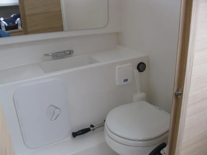 Slide: The Image of Modern bathroom in 2024 Nimbus T9 boat with sink and toilet. - 34