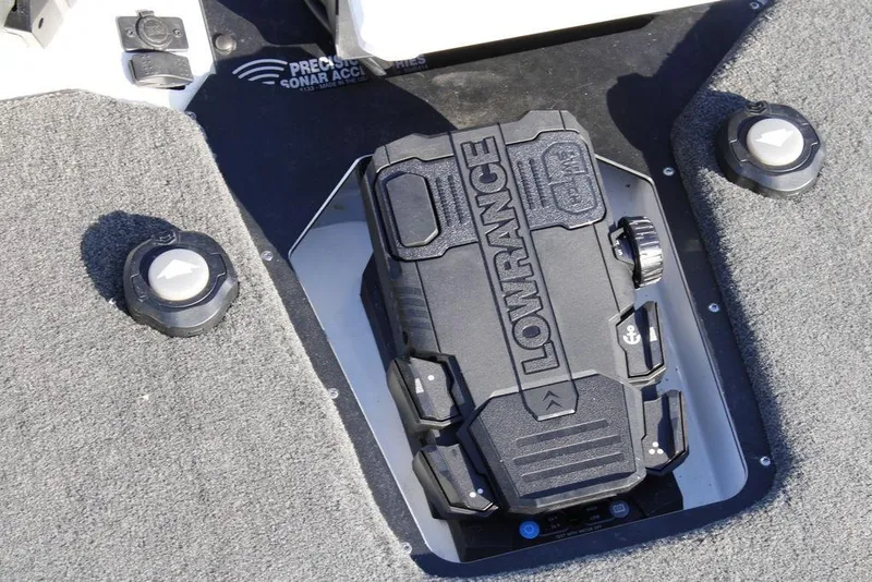 Slide: The Image of Lowrance sonar device on 2023 Skeeter ZXR21 boat deck, featuring precision sonar accessories. - 36