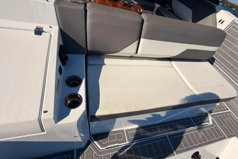 Slide: The Image of 2022 New Cruiser Yachts GLS 38, luxury boat interior with waterfront cityscape. - 56