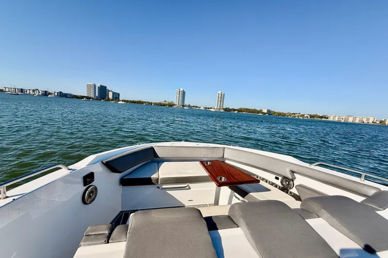 Slide: The Image of Luxurious bathroom in 2022 New Cruiser Yachts GLS 38 with modern fixtures and wood accents. - 47