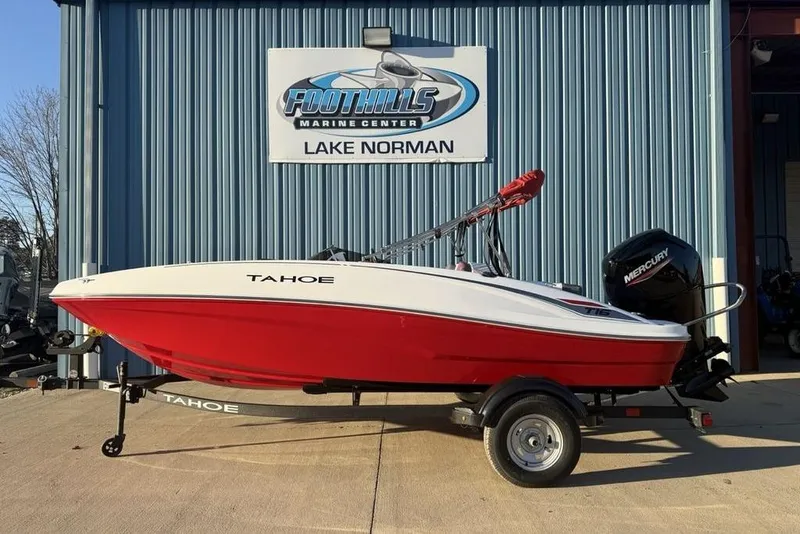 The Image of 2026 Tahoe T16 boat in red and white at Foothills Marine Center, Lake Norman. - 0