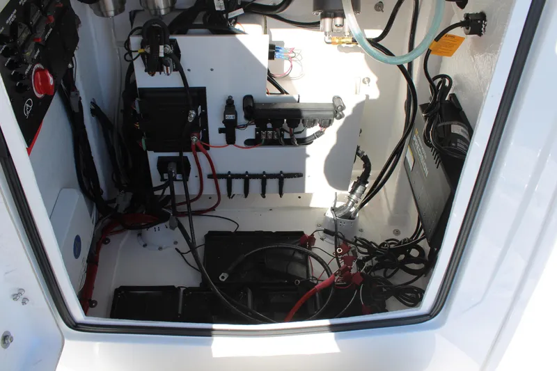Slide: The Image of Interior view of 2026 Blazer Bay 2440 boat's electrical and mechanical components. - 39