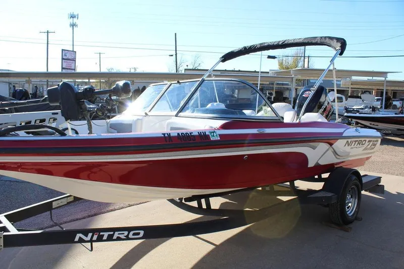 Slide: The Image of 2018 Nitro Z19 Sport boat with red and white design on a trailer. - 9