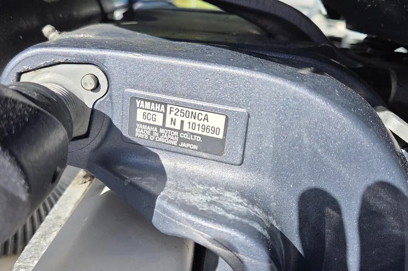 Slide: The Image of Close-up of Yamaha F250NCA engine label on 2020 Key West 239 DFS boat. - 19