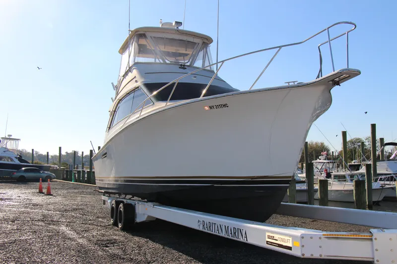 Slide: The Image of 1989 Ocean Yachts 35 Super Sport on trailer at Raritan Marina. - 2
