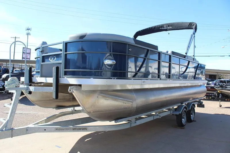 Slide: The Image of 2022 Veranda VF22F2 Bi-Toon pontoon boat on trailer, outdoor display. - 3