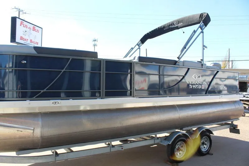 Slide: The Image of 2022 Veranda VF22F2 Bi-Toon pontoon boat on trailer at dealership. - 4