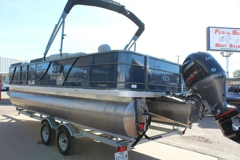 Slide: The Image of 2022 Veranda VF22F2 Bi-Toon pontoon boat with Yamaha outboard motor on trailer. - 5