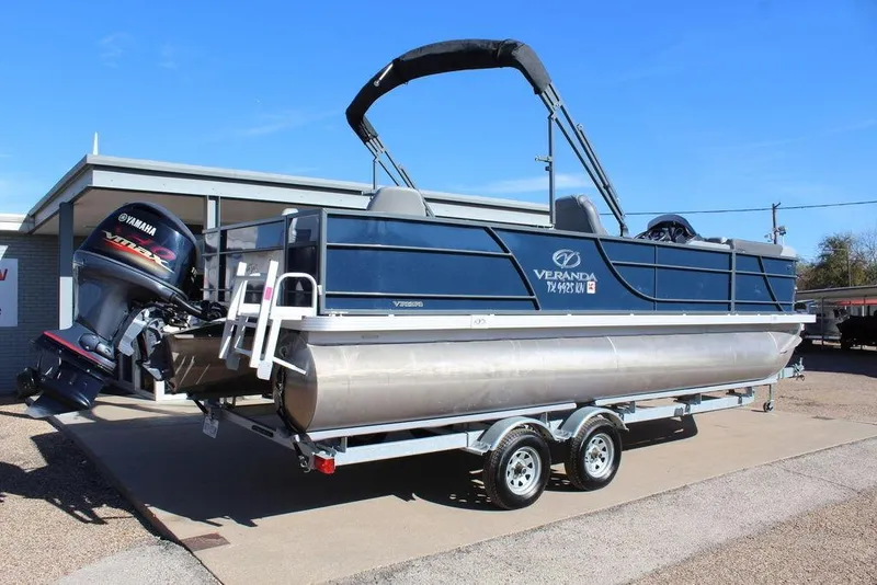 Slide: The Image of 2022 Veranda VF22F2 Bi-Toon pontoon boat on trailer, featuring Yamaha outboard motor. - 7