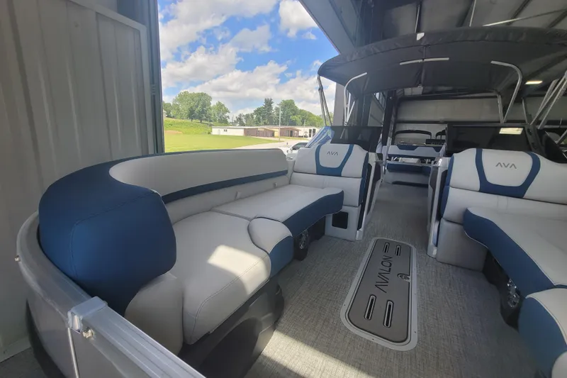 Slide: The Image of Luxurious 2026 Avalon Platinum Catalina 2585 pontoon boat with spacious seating and modern design. - 8
