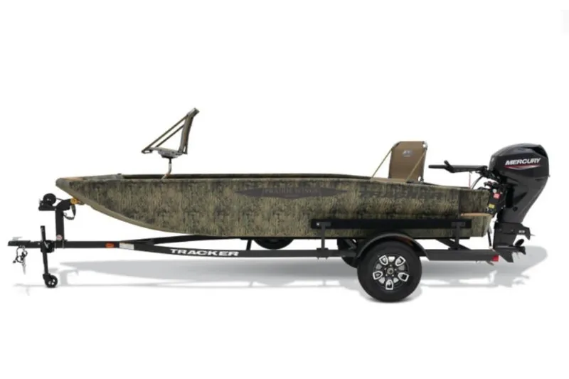The Image of 2026 Tracker Grizzly 1650 T Prairie Wings Edition boat with trailer and Mercury outboard motor. - 1
