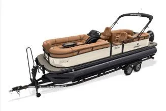 The Image of 2026 Regency 250 DL RF pontoon boat on trailer, featuring luxurious seating and sleek design. - 1