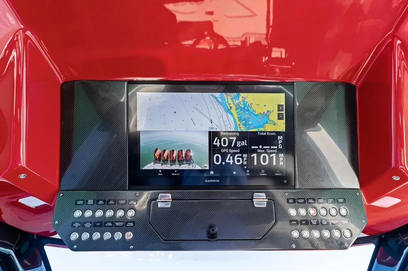 Slide: The Image of Dashboard of 2024 MTI V42 boat with Garmin navigation display and control panel. - 70