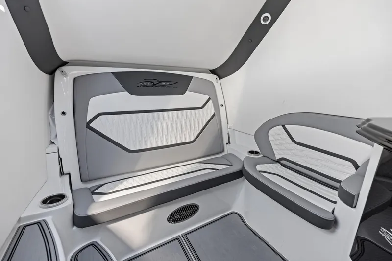 Slide: The Image of 2024 MTI V42 boat interior with modern seating and sleek design. - 96
