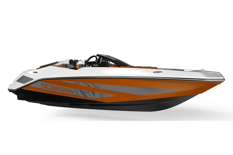 Slide: The Image of Manufacturer Provided Image: 2026 Scarab 165 LX boat, orange and white design, side view. - 6