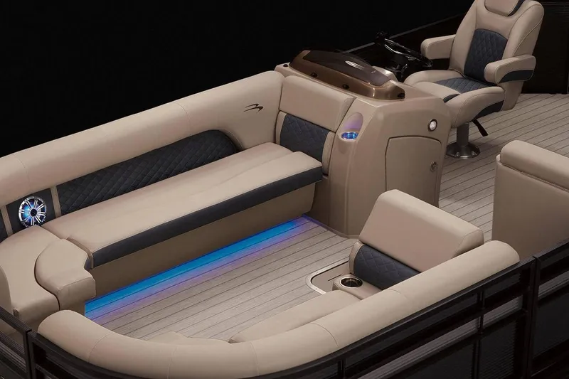 The Image of 2022 Bennington 22SF pontoon boat on trailer, blue exterior, parked outdoors. - 2