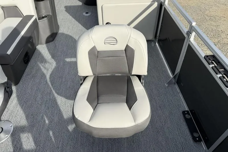 Slide: The Image of 2026 Sun Tracker Fishin' Barge 22 DLX boat seat, gray and white upholstery. - 8