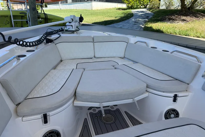 Slide: The Image of Luxurious seating area on 2023 Sea Fox 268 Commander boat, featuring comfortable cushions and modern design. - 19