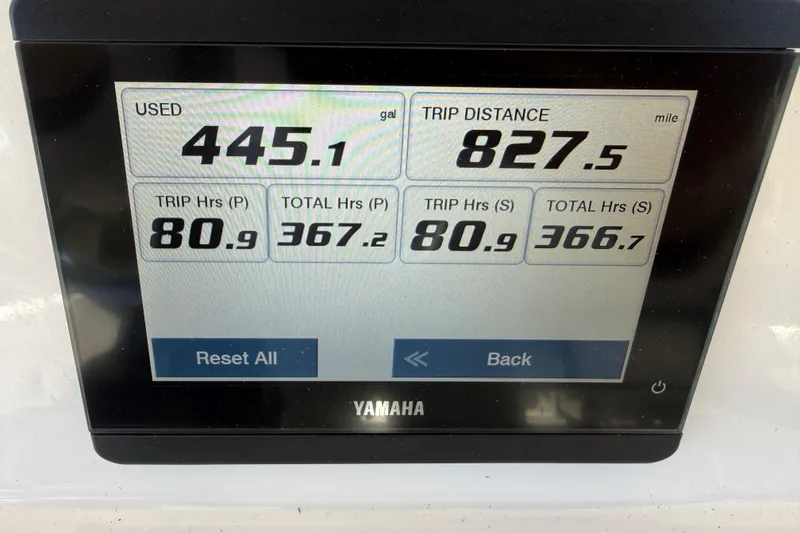 Slide: The Image of Display screen showing fuel usage and trip data for 2023 Sea Fox 268 Commander. - 25