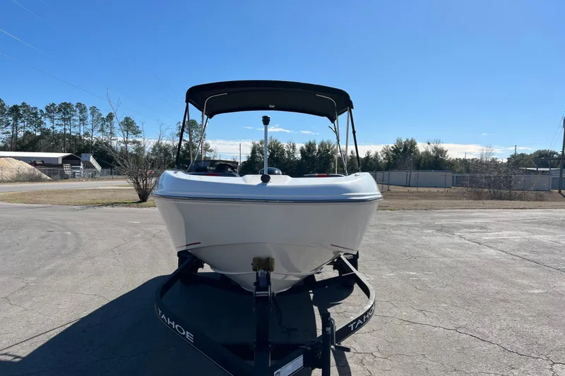 Slide: The Image of 2022 Tahoe T18 boat on trailer under clear blue sky. - 6