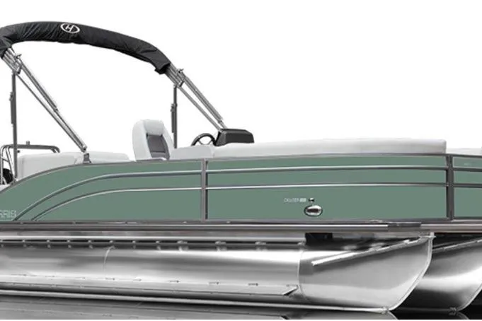 Slide: The Image of 2024 Harris FloteBote Cruiser 230 pontoon boat, side view, green exterior, sleek design. - 11