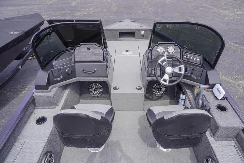 Slide: The Image of 2025 G3 Angler V178 F boat interior with dual seats and modern dashboard controls. - 9