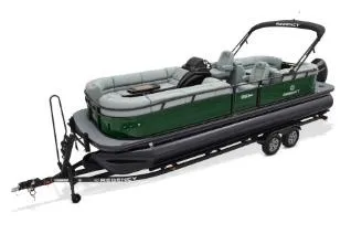 The Image of 2026 Regency 230 DL pontoon boat on trailer, green and gray design. - 1