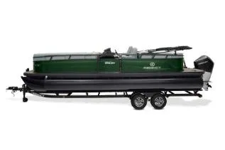 Slide: The Image of 2026 Regency 230 DL pontoon boat on trailer, side view. - 2