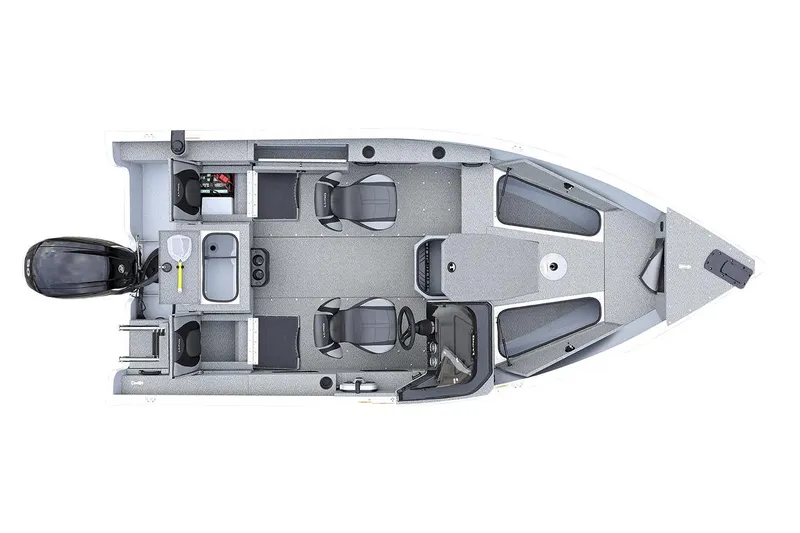 Slide: The Image of Manufacturer Provided Image: Top view of 2025 Lund 1675 Adventure SS boat layout with seating and motor. - 17