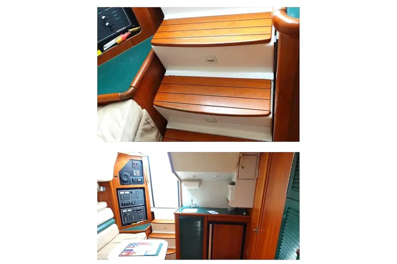 Slide: The Image of 1997 Pursuit 3000 Express cabin interior with seating, table, and kitchenette. - 11