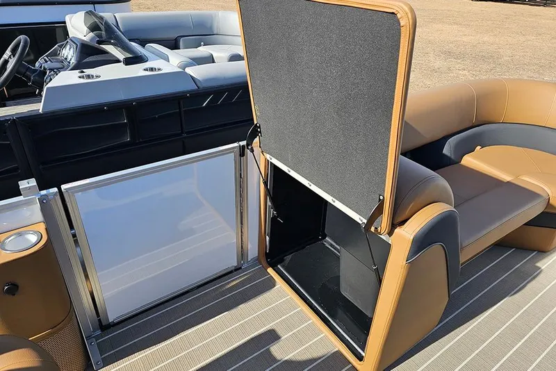 Slide: The Image of 2023 Bentley Pontoons 223 Elite Swingback DC interior with luxurious seating and storage. - 18