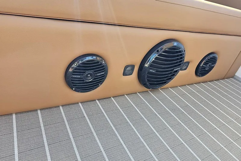 Slide: The Image of 2023 Bentley Pontoons 223 Elite Swingback DC interior speakers and seating detail. - 29