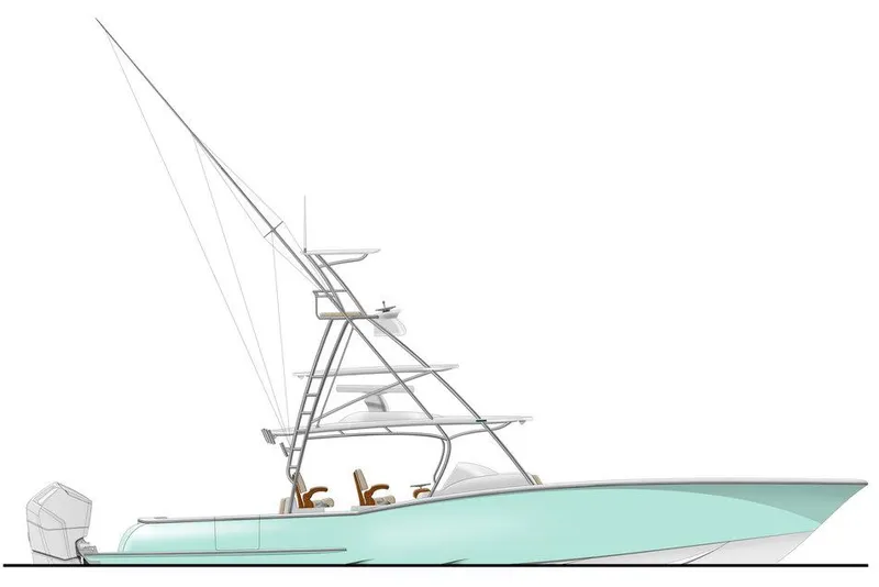 Slide: The Image of Manufacturer Provided Image: 2025 Mag Bay 43 CC boat, side view, sleek design, light blue hull, advanced fishing tower. - 23