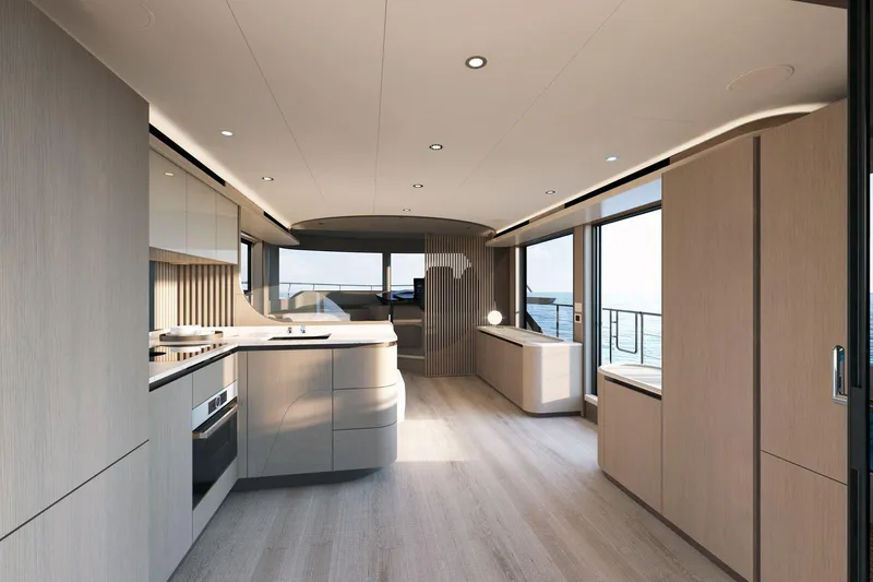 Slide: The Image of Luxurious interior of 2026 Absolute 58 Navetta yacht with modern design and ocean view. - 11