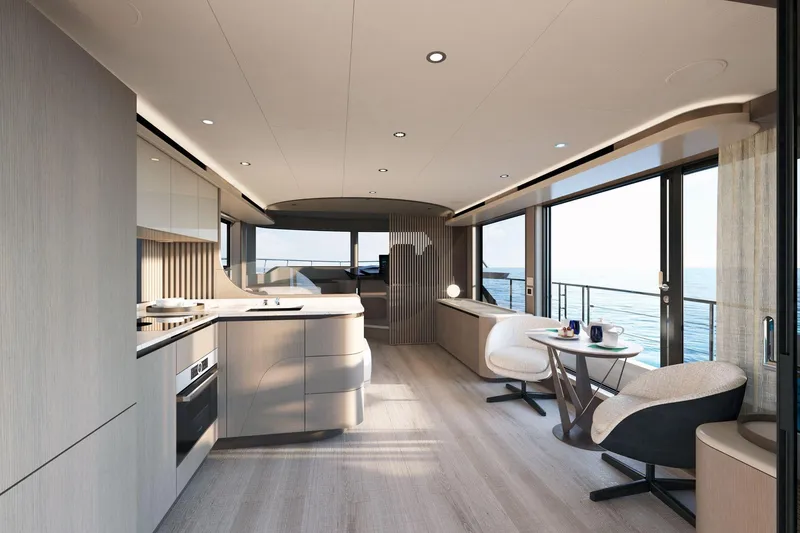 Slide: The Image of Luxurious interior of 2026 Absolute 58 Navetta yacht with modern design and ocean view. - 12