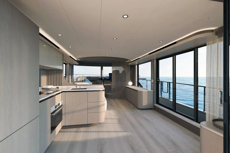 Slide: The Image of Luxurious interior of 2026 Absolute 58 Navetta yacht with modern design and ocean view. - 14