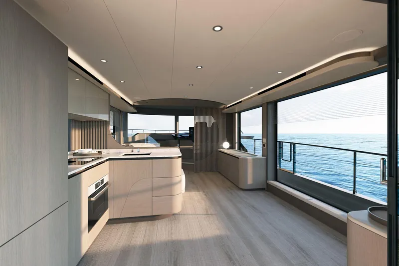 Slide: The Image of Luxurious interior of 2026 Absolute 58 Navetta yacht with modern kitchen and ocean view. - 16