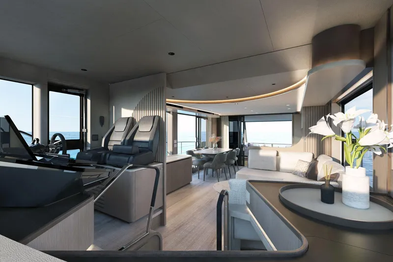 Slide: The Image of Luxurious interior of 2026 Absolute 58 Navetta yacht with modern seating and elegant decor. - 17