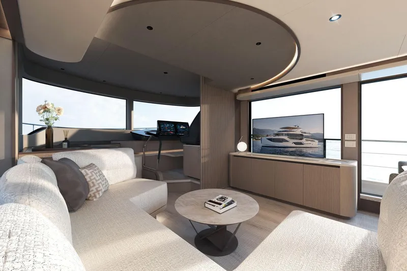 Slide: The Image of Luxurious interior of 2026 Absolute 58 Navetta yacht with modern furnishings and panoramic windows. - 18