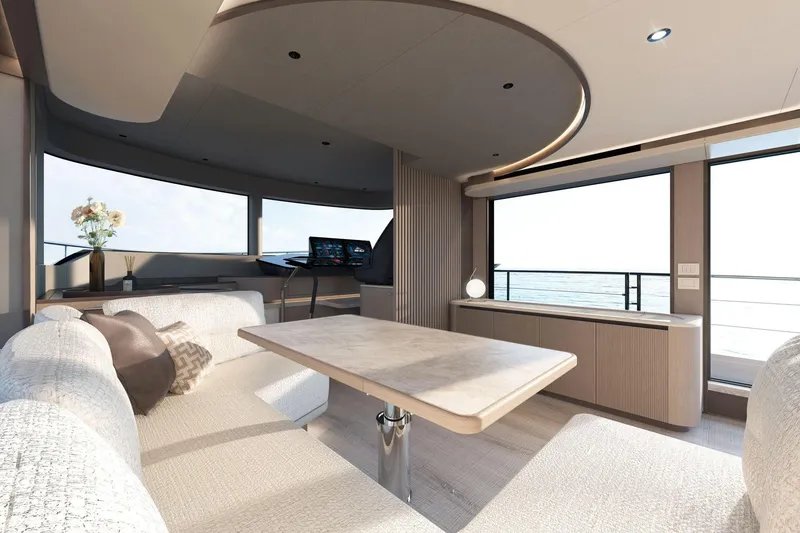 Slide: The Image of Luxurious interior of 2026 Absolute 58 Navetta yacht with modern furnishings and ocean view. - 19