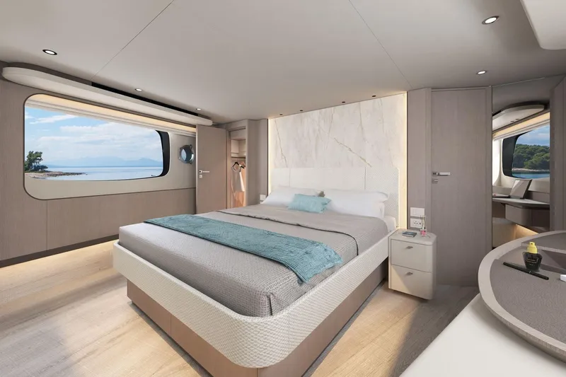 Slide: The Image of Luxurious bedroom interior of 2026 Absolute 58 Navetta yacht with ocean view. - 21