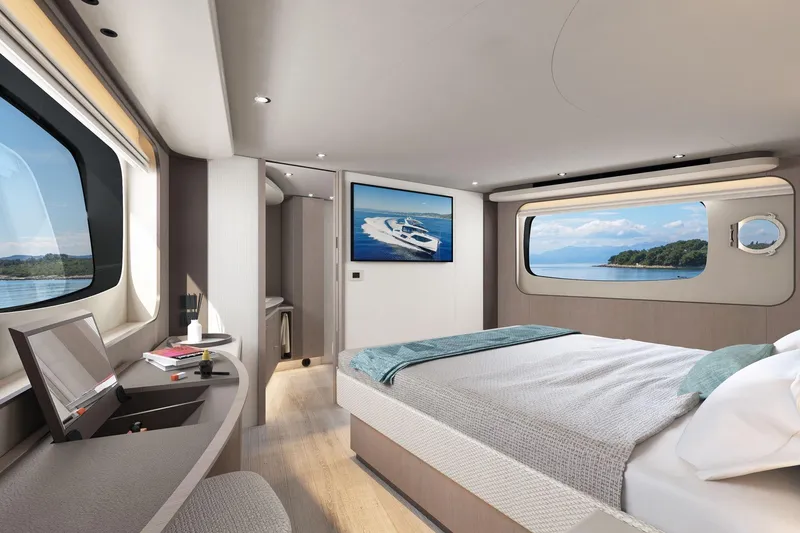 Slide: The Image of Luxurious bedroom interior of 2026 Absolute 58 Navetta yacht with scenic ocean views. - 22
