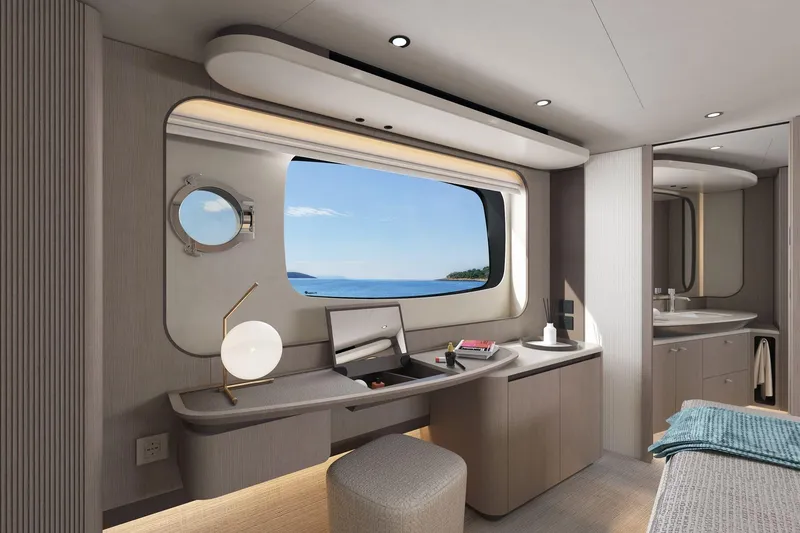 Slide: The Image of Luxurious interior of 2026 Absolute 58 Navetta yacht with ocean view window. - 23