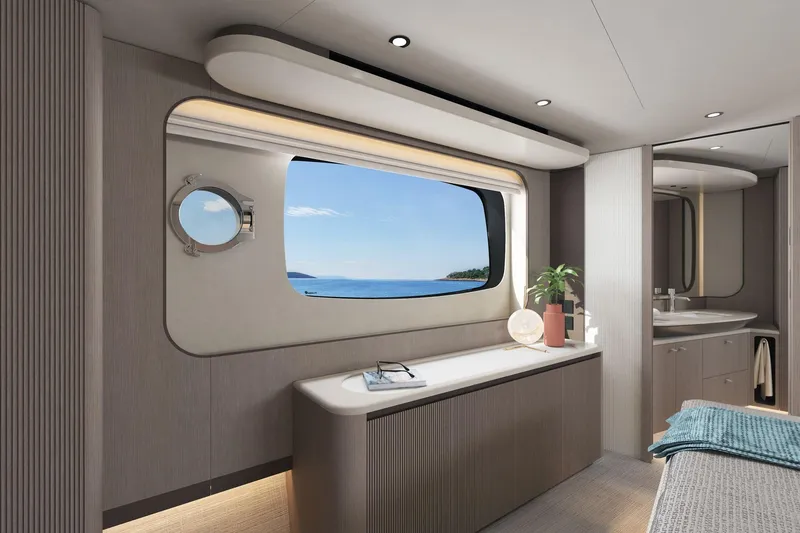 Slide: The Image of Luxurious interior of 2026 Absolute 58 Navetta yacht with ocean view window. - 24