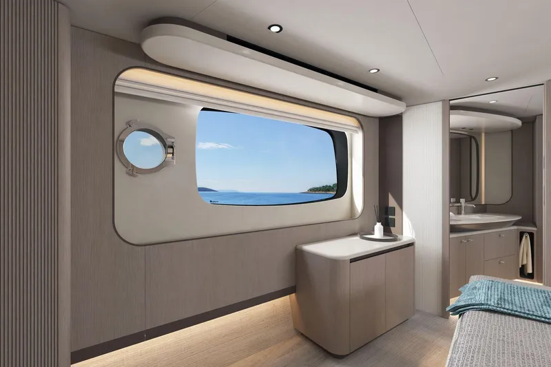 Slide: The Image of Luxurious interior of 2026 Absolute 58 Navetta yacht with ocean view window. - 25