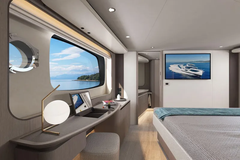 Slide: The Image of Luxurious interior of 2026 Absolute 58 Navetta yacht with scenic ocean view. - 26