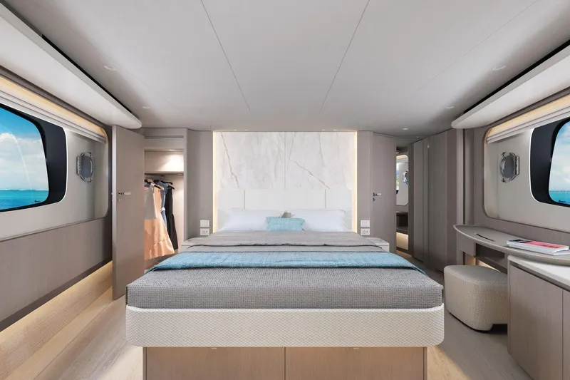 Slide: The Image of Luxurious bedroom interior of 2026 Absolute 58 Navetta yacht with ocean view windows. - 27